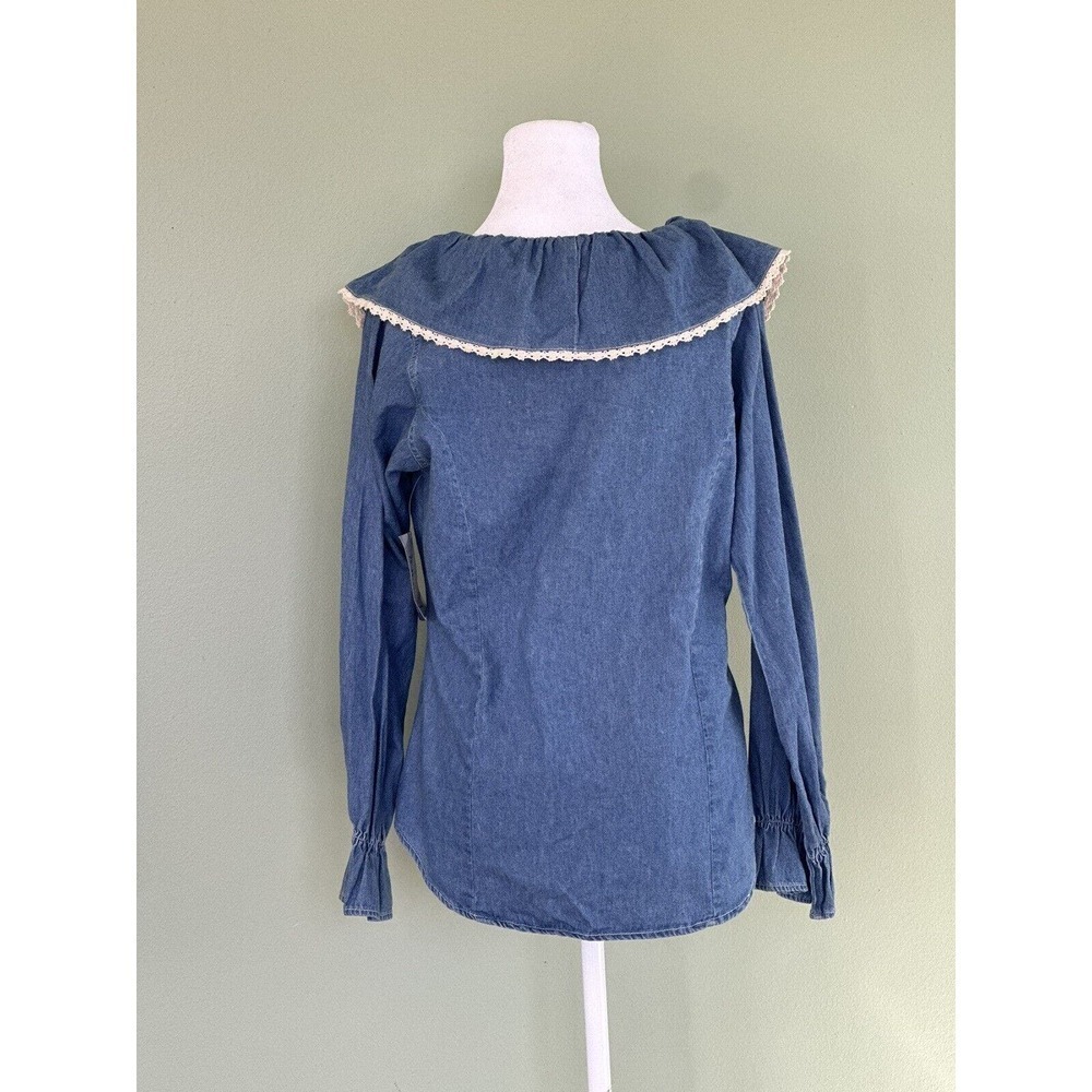 Vtg Denim Shirt Big Lace Collar Cottagecore Cowgirl Granola Girl Lace Up Sz L M‍ - Picture 7 of 10